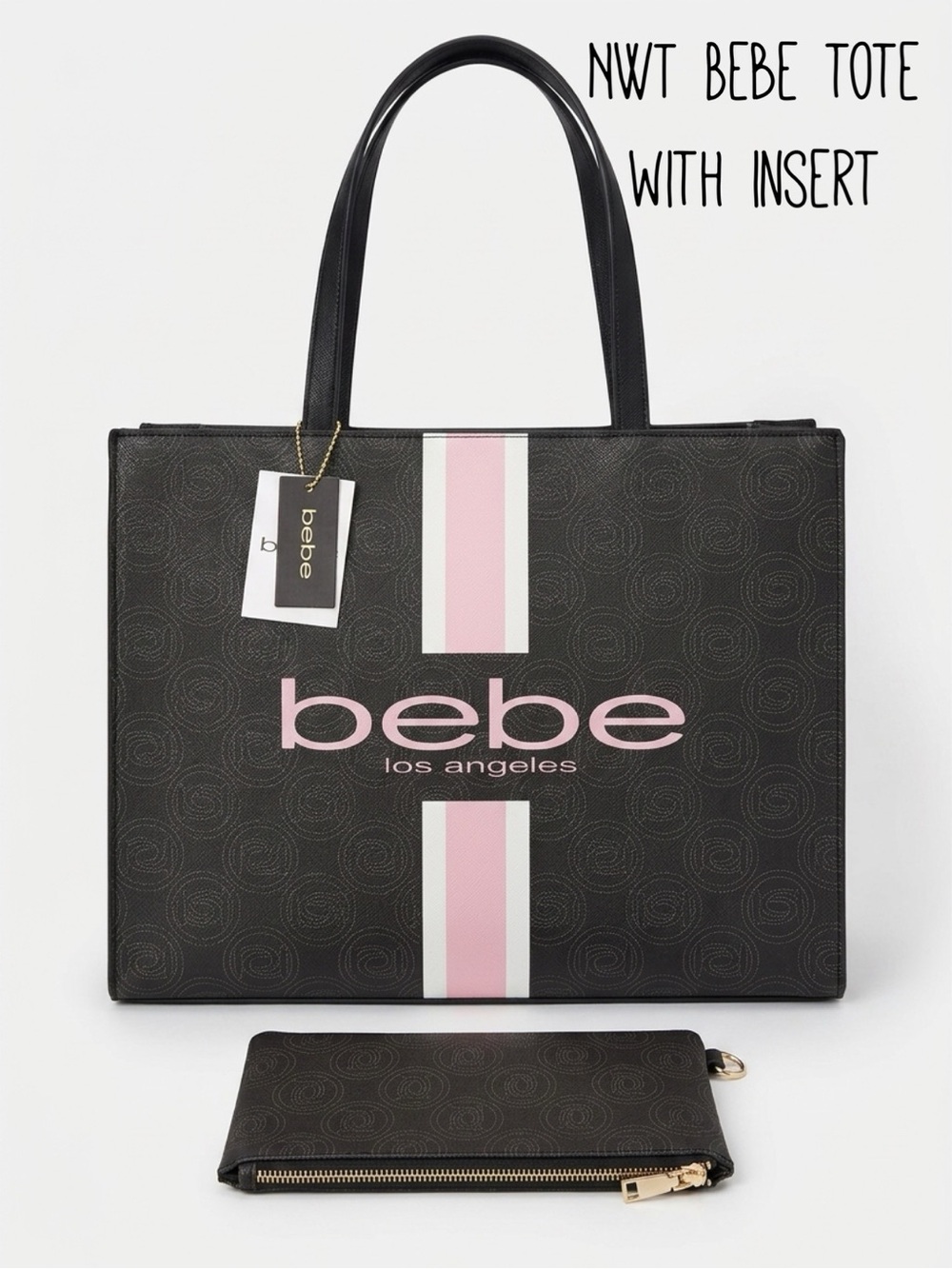 bebe Black Tote with Pink and White Center Stripe